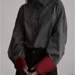 Nova Solaire Oversized Black Plaid w/Red Accent Cuffs Button-Down Shirt Sz L NEW